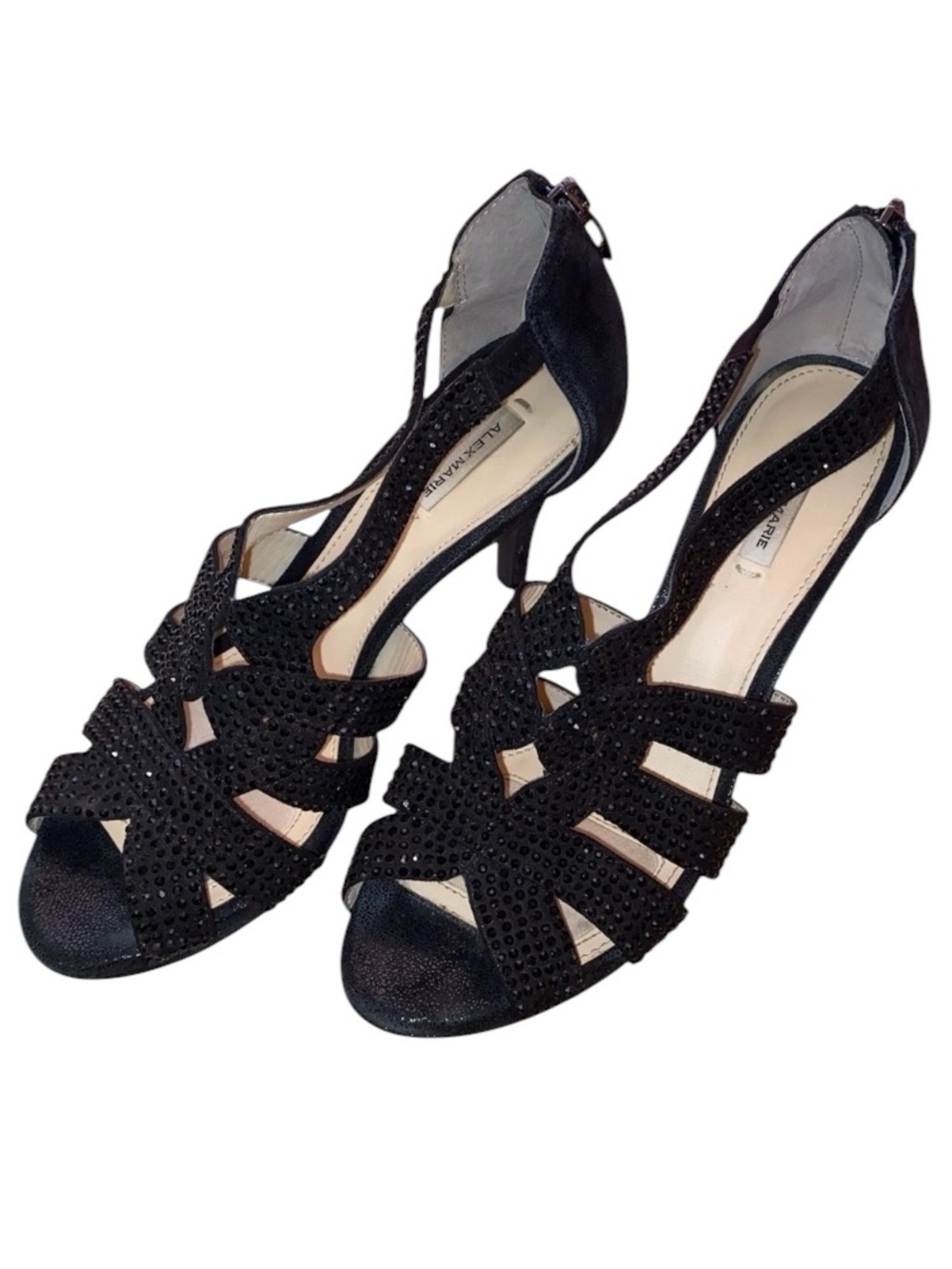 ALEX MARIE “Leeanne” Women’s Open Toe Zip Back Dress Heels BLK Size 7-1/2